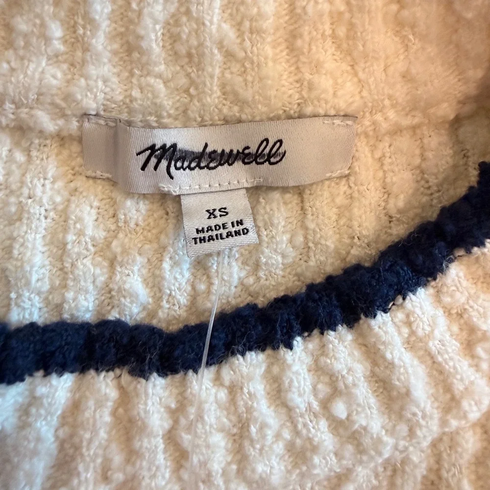 Madewell Boucle Knit Crewneck Sweater Ribbed Striped Cream Navy NY859 XS NWT